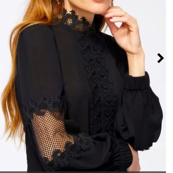 Chico’s Black Label lovely black lace trim high neck bell sleeve tunic, sz 16 - Picture 4 of 12